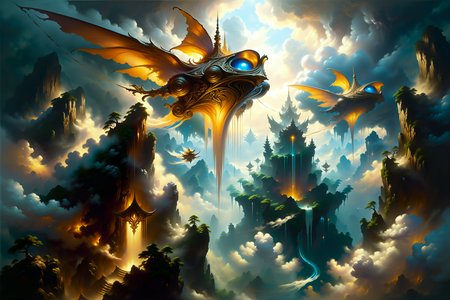 famous artwork inspired by (ori and the blind forest:1.3) and (jae cheol park:1.1) and (antonio j. manzanedo:1.1) and (glen cook:1.3), oil on canvas, a fleet of ornate curious skyships sailing through the atmosphere of a hypnotic distant planet, navigating between (towering cloud formations:1.1) and (floating islands:1.2), there are airships of ancient design with billowing sails as well as futuristic skyships with advanced propulsion systems, some airships are flying in formation, some airships' engines are leaving (trails of light:1.2), the floating islands are covered in lush mesmerizing vegetation, dramatic scene, (dappled lighting:1.1), crepuscular rays, volumetric lighting, volumetric fog, scenic, ovg, overall_detail-xl-by_kaleidia <lora:add-detail-xl:2.0> <lora:midjourney_mimic-xl-by_andrexsel:0.5> <lora:more_artful-xl:0.5> <lora:lyco-style-envydramaticlightingxl01_digital_art-xl:0.52> <lora:envybetterhiresfixxl01-xl:1.0>