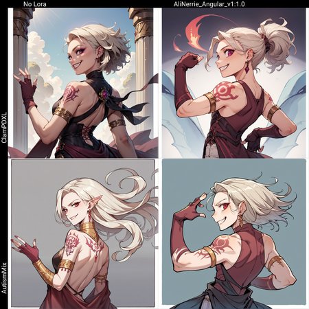 1girl, platinum blonde hair behind ear, tattoo, evil, wide smile, dark golden armlet, magenta fingerless gloves, looking back, rating_safe