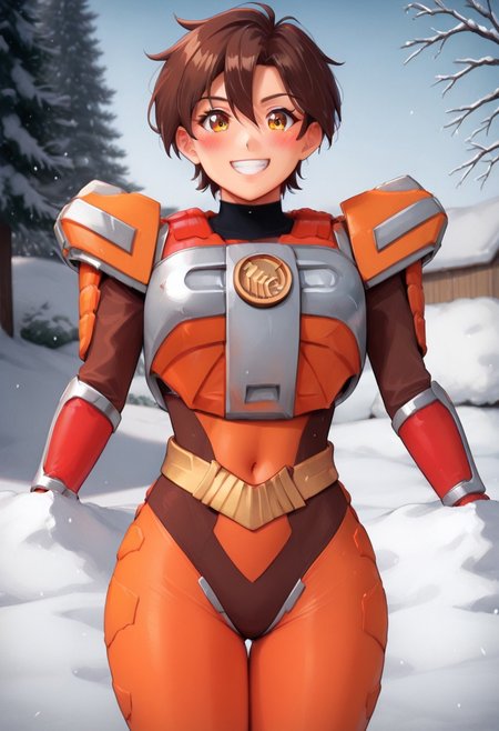 score_9, score_8_up, score_7_up, source_anime, zPDXL, zPDXLpg, <lora:offset_0.2:0.1>, <lora:spo_sdxl_10ep_4k-data_lora_webui:1>,source_anime,
1girl, solo, mature female,
sazervisuel, orange bodysuit, brown leotard, belt, armor, 
<lora:Sazer_Visuel:1>,
brown hair, short hair, hair between eyes, yellow eyes, tsurime,
smile, blush, looking at viewer, facing viewer, cowboy shot, standing, <lora:doublefq-illust:1>, (doublefq:1.1), doublefq,missing all arms,missing no shoulder,smile,embarrass,indoor,blush on face, covered navel, covered vaginal,skin tightvwide hips ,thick thighs, 
Outdoor, winter, snowy town background