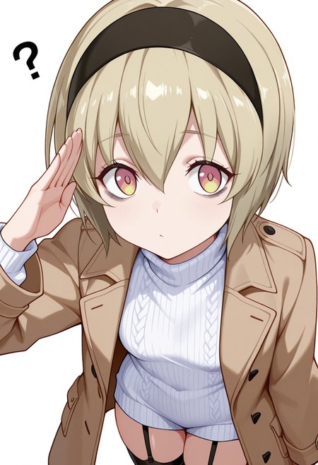Smooth Quality,masterpiece,very intricate, high quality details, ultra realistic, high detailed skin,detailed enviorement,absurdres,
salute,
 <lora:Pekora_CNR:0.8> pekora_cnr, 1girl, blonde hair, short hair, bangs, yellow eyes, multicolored eyes, shiny hair black hairband,bags under eyes,, confused,, simple background, white background, sideways,solo,, turtleneck sweater, ,coat, ,garter straps, ,
