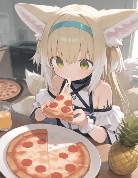 1girl, suzuran (arknights), pizza, pineapple on pizza, 
(zankuro:0.2), wagashi \(dagashiya\), chen bin, very awa, very aesthetic, masterpiece, best quality, amazing quality, absurdres  <lora:ponyv6_noobV1_2_adamW:0.5> <lora:n_XLNBVP1lokrV6311P:0.2> <lora:748cmXLNBVP1lokrV6311PZ:0.2> <lora:ricotte2:0.2>