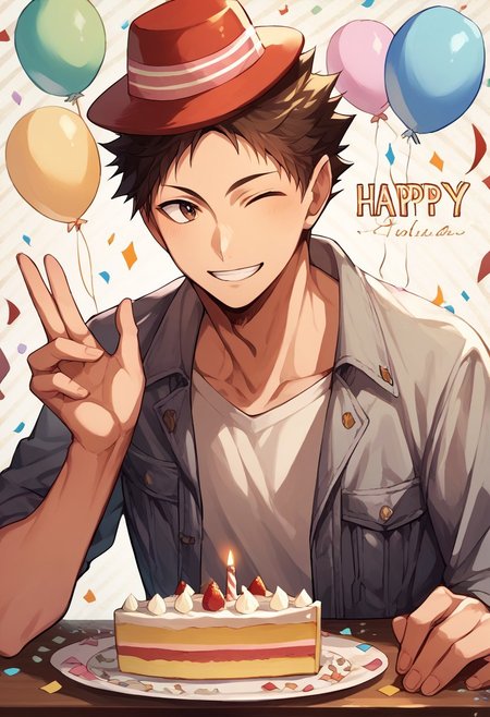 score_9, score_8_up, score_7_up, source_anime, rating_safe, confetti, Iwaikyu, 1boy, male focus, casual clothes, birthday hat, smiling, upper body, clapping, hands with five fingers, happy birthday, cake on table, simple patterned background, cute wallpaper,