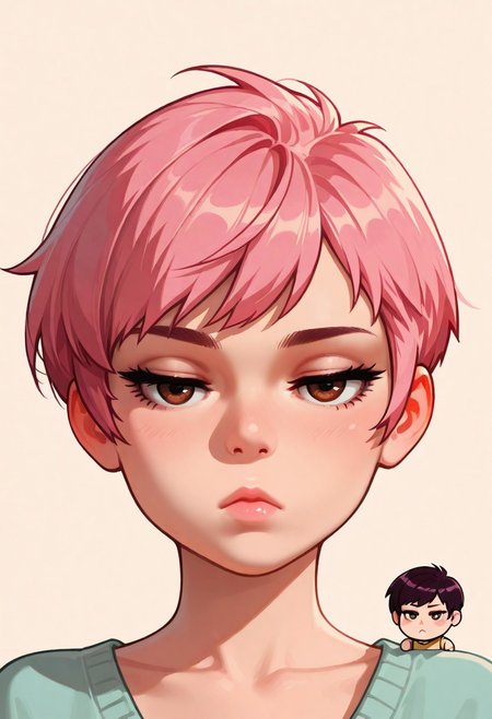 chibi, high contrast, masterpiece, best quality, amazing quality, very aesthetic, retro artstyle, realistic, promotional art, newest, volumetric lighting.
(artist:incase:0.5), (artist:tsuaii:0.5), color theory,
1girl, face, solo, straight-on, focus on face, front view, portrait, (bored: 1.5), Pixie cut, pink hair, brown eyes, luminescent background, simple background.