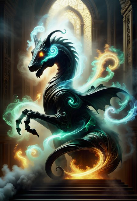 hyper detailed masterpiece, dynamic, awesome quality,swirling DonMM4hM4g1cXL math magic,enenra, formless mist like creature, made of smoke and vapor, transluscent, transparent, uncorporeal, humanoid shape in the smoke, glowing radiant presence, mystical ephemeral appearance,mist, serene or tranquil aura, <lora:DonMM4hM4g1cXL-000008:0.8>