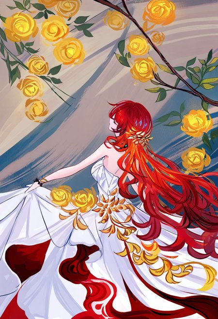 himeko \(honkai: star rail\), 1girl, long hair, dress, red hair, solo, white dress, very long hair, skirt hold, flower, bare shoulders, hair ornament, profile, breasts, closed eyes, yellow flower <lora:cqtlatteXL_NBVP1_lokr_V6311P:0.95>