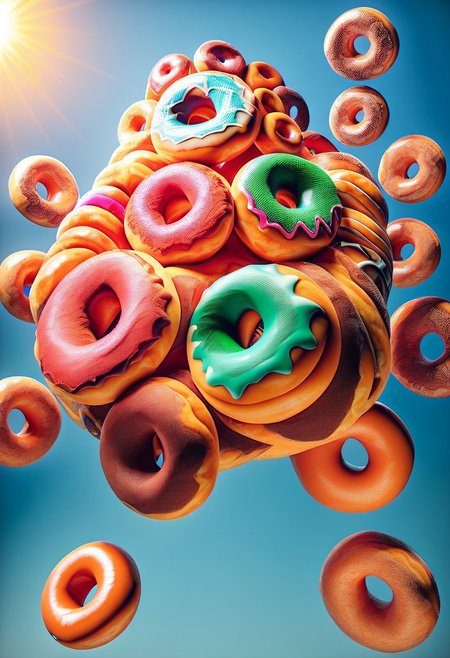 low angle, funky purple octopus made of doughnuts,  spinning 
 made of doughnuts, DJ set, beach party made of doughnuts, orange sunset made of doughnuts, blue sky made of doughnuts,  crashing ocean blue and white waves made of doughnuts, ral-octprms, d0nu71f13d