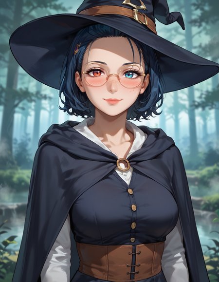 16k, 8k, 4k, 
score_9, score_8_up, score_7_up, flat anime, 
best quality, masterpiece, ultra detailed,
<lora:Expressive_H:1>, 28 years old, 180 cm height, mature, nose, lips, closed mouth, light smile, (blush:1.3), 
looking at viewer, portrait, 
<lora:Everlasting_Summer_Viola:0.7>, viola, short hair, heterochromia eyes, left eye red, blue eye blue, blue eyes, heterochromia, red eyes, black hair, blue hair, medium breasts, milf woman solo,
witch, witch hat, witch cloak, circle glasses, face freckles, hair accessory, 
amazing background, colorful background, blurry background, bokeh, forest, fog, day, very fog background,