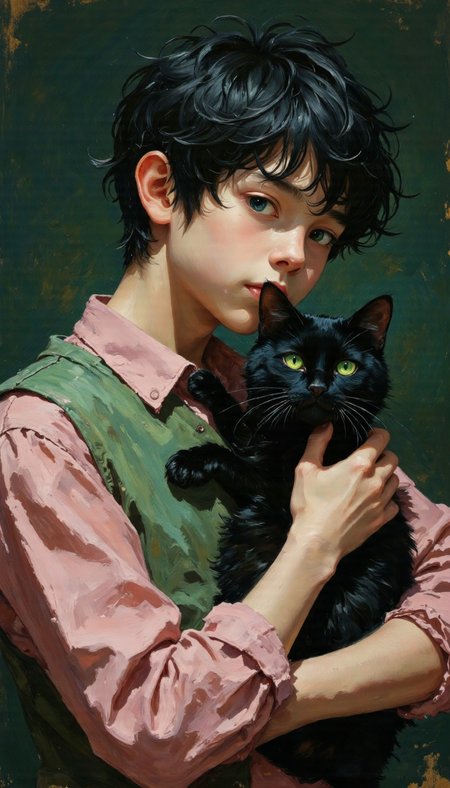 This image captures an intimate and striking portrait of a young individual and their black cat, unified by their vivid green eyes and direct gazes. The interplay of soft textures, contrasting colors, and diffused lighting creates a harmonious and slightly surreal composition. The work blends hyperrealism with fantasy elements, evoking a sense of mystery, tenderness, and quiet intensity.