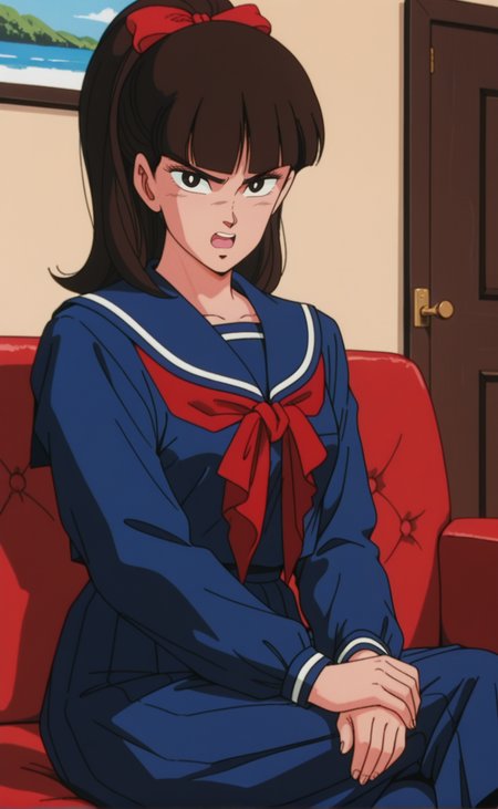 1girl,h1sch0lm1stery1masu0m1suz, retro artstyle,1980s \(style\), solo,ponytail,brown hair,black hair,blunt bangs,medium breasts, black eyes, school uniform, red bow, sailor collar, blue serafuku, red neckerchief, long skirt,indoors,living room,,angry ,,v arms ,sitting,sofa,crossed legs  ,from side ,cowboy shot ,open mouth ,looking at viewer,best quality,masterpiece,sensitive,<lora:HighSchoolMisteryMasuoMisuzuNoobAI:1>