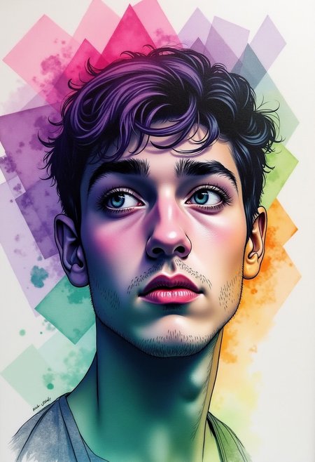 surreal portrait of a handsome young man made in watercolor, large bright blurred watercolor ((geometric)) shapes (Purple, Pink, Green) in the foreground portrait of a young man in black marker, his sad face, long thick eyelashes, thin lips with corners down, masterpiece, modern art, abstraction. 
ART_painting,colored pencil,sketch,watercolor paper, (((paper texture))), watercolor