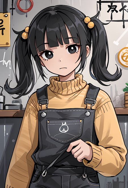 <lora:cassidy_v3:1>a drawing of a cartoon female wearing overalls 1girl, black hair, twintails, overalls, solo, black eyes,, hair ornament, sweater, looking at viewer, bangs, long sleeves,  closed mouth,cassidy