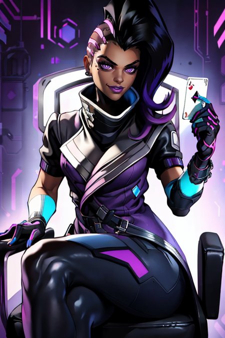 masterpiece,best quality,extreme detail,8k,image sharpness,<lora:sombra-10:0.8>, sombra2,1girl,solo,long hair,smile,black hair,gloves,holding,jewelry,sitting,purple eyes,purple hair,multicolored hair,earrings,belt,dark skin,fingerless gloves,mole,two-tone hair,dark-skinned female,coat,mole under eye,makeup,chair,crossed legs,lipstick,eyeshadow,asymmetrical hair,high collar,card,undercut,holographic interface,