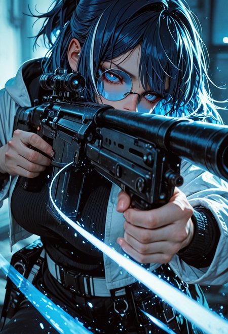 highres, very detailed, amazing quality, masterpiece,
very aesthetic,
particle effect,
1girl, Andreana from Arknights, large breasts, curvy, short hair, streaked hair, blue hair, white hair, short ponytail, blue eyes, round eyewear on eyes, blue-tinted eyewear, white jacket, hooded jacket, hood down, open jacket, layered sleeves, short over long sleeves, black sweater, turtleneck sweater, black pants, white belt, black bag, fanny pack,
Aiming a sniper, holding a sniper rifle, looking at viewer, 
Close up, depth of field, ray_tracing, cowboy shot, extreme foreshortening, very aesthetic, cinematic,