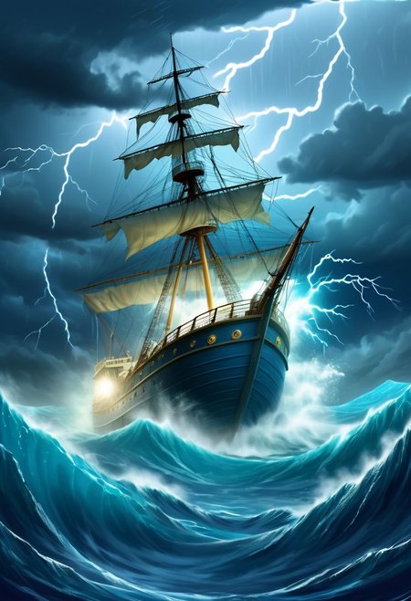 Ship, deep ocean, storm, blue water dragon under the water, whirlpool, lightning, heavy rain,