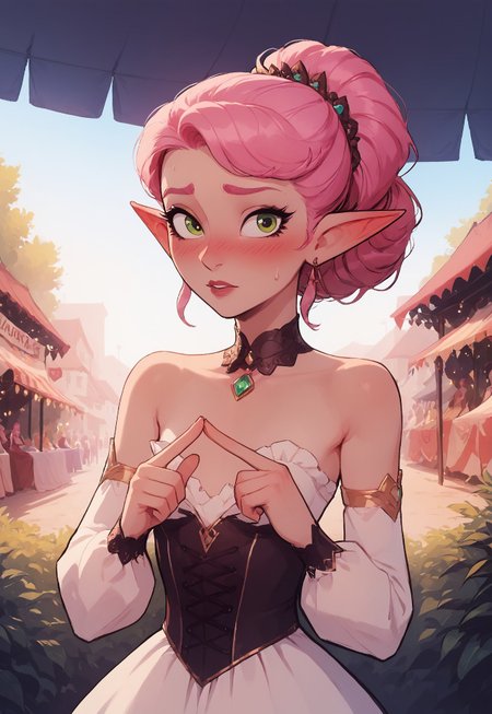 safe_pos, score_9, score_8_up, score_8, 1girl , solo, comedic sweatdrop, sexy elf woman, green eyes, pink hair, long straight hair, eyeliner, perfect face, elegant, refined, small breasts, bare shoulders, detached sleeves, dress, portrait,<lora:fidgeting-index-fingers-together-ponyxl-lora-nochekaiser:1>, fidgeting index fingers together, index fingers together, looking at viewer, nervous, fidgeting, blush, volumetric lighting, cinematic lighting, outdoors, festival
