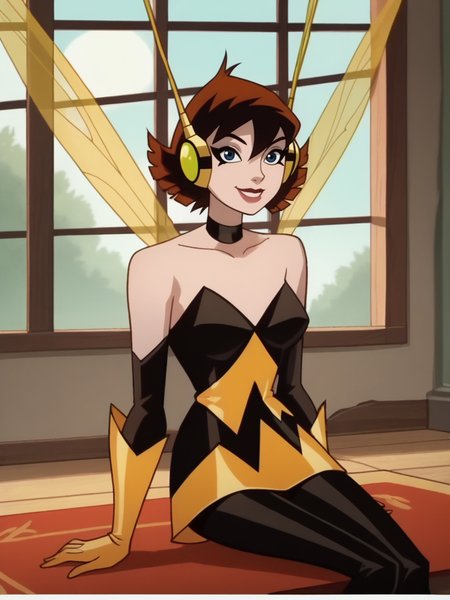 score_9, score_8_up, score_7_up, 1girl, sitting on floor, sexually suggestive, sexy, dynamic pose, smile, cute pose, solo, detailed background, looking at viewer, wide shot, cowboy shot, window, 
 <lora:JanetVanDyne_character:1>,JanetXLP, brown hair, short hair, makeup, elbow gloves, choker, bare shoulders, headphones, pantyhose, dress, insect wings, antenna, lipstick, anime screencap, flat color,