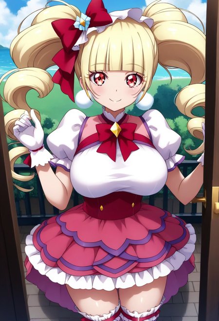 score_9, score_8_up, score_7_up, source_anime, (nsfw1.0), BREAK, 
curemacherie, cute 1girl, (large breasts:1.6), skinny body, (short stature:1.5), (shortstack:0.7), red eyes, blond hair, twintails, 
pink clothes, pom pom earrings, pink ribbon, white gloves, frilled thighhighs, puffy sleeves, layered dress, (mini skirt), porch, wrist bow, jewelry, 
shiny skin, 
smile,  
strike a pose, looking at viewer, 
angle:random, 
background:random,