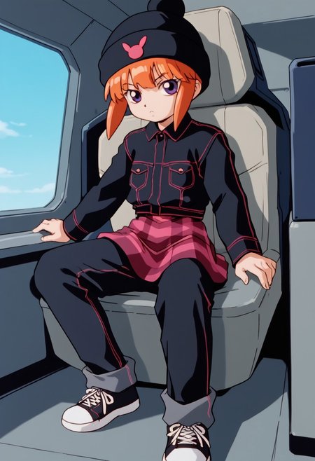 score_8, score_8_up, score_7_up, AWGXS, anime screenshot, retro artstyle,1990s (style), cel animation BREAK 1girl, female focus, solo, looking at viewer, usagi_kurokawa, beanie, black headwear, hat ornament, orange hair, bangs, short hair, sidelocks, denim jacket, black jacket, collared jacket, breast pocket, long sleeves, skirt, plaid skirt, pants under skirt, black pants, jeans, sneakers, black footwear, cockpit, sitting, standing, looking at viewer, straight-on, serious expression,