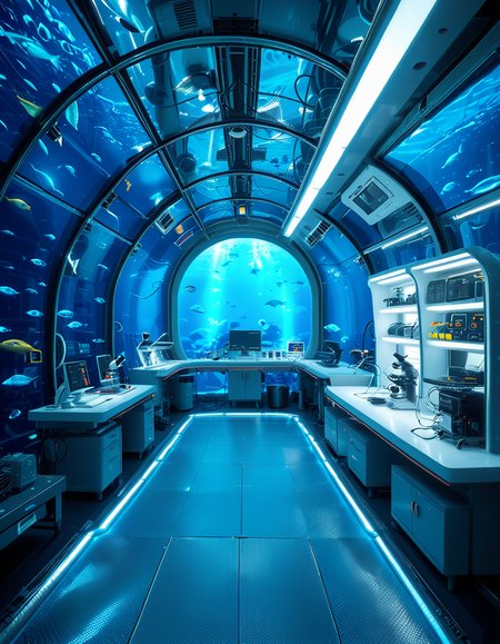 A futuristic underwater research laboratory,underwater research l4b0r4t0ry, located deep beneath the ocean's surface, surrounded by vibrant marine life and illuminated by soft, bioluminescent lighting. The laboratory features large, reinforced glass domes offering a panoramic view of the surrounding blue abyss, with schools of colorful fish and rays of sunlight filtering through the water above. Inside, advanced scientific equipment, glowing computer screens, and researchers in modern wetsuits or lab coats are visible, conducting experiments. The structure is sleek and metallic, with curved, aerodynamic designs to withstand water pressure. Coral reefs and marine plants grow nearby, adding natural beauty. The lighting is a mix of cool, bluish tones, with faint yellow lights from the laboratory windows creating a contrast. The atmosphere is calm yet futuristic, with a focus on scientific exploration and harmony with the marine environment.
<lora:SDXLFaeTastic2400:0.4> <lora:extremely_detailed:0.4> extremely detailed, <lora:underwater_research_l4b0r4t0ry:1>