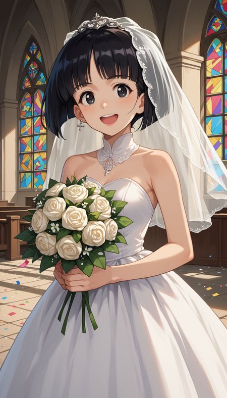 score_9, score_8_up, score_7_up, source_anime, outdoors,
   <lora:sono_midoriko :1> 1girl, black hair, short hair, blunt bangs, black eyes, bob cut, blunt ends, wedding dress, veil, church, holding bouquet, (confetti:1.1), smile, open mouth, white dress, wedding dress), indoors,