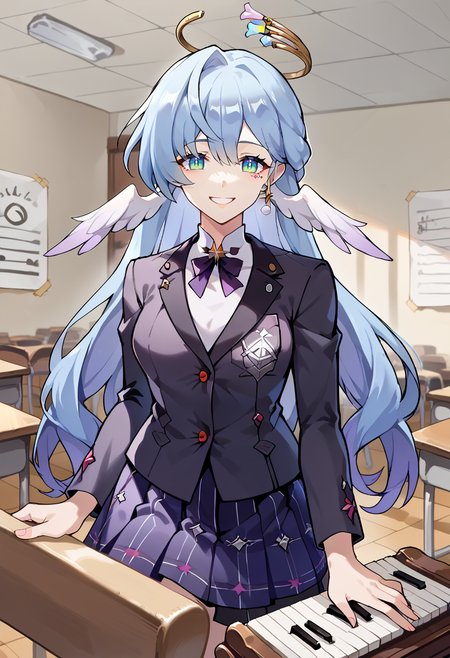 score_9, score_7_up, source_anime, BREAK solo,  <lora:Char-HonkaiSR-Robin-Pony-V1:0.9> robin \(honkai: star rail\), head wings, halo, earrings,  <lora:ChamShuujinAcademyUniformPonyXL:0.85> GirlUniform, shuujin academy school uniform, black jacket, plaid skirt, smile, piano, music classroom,