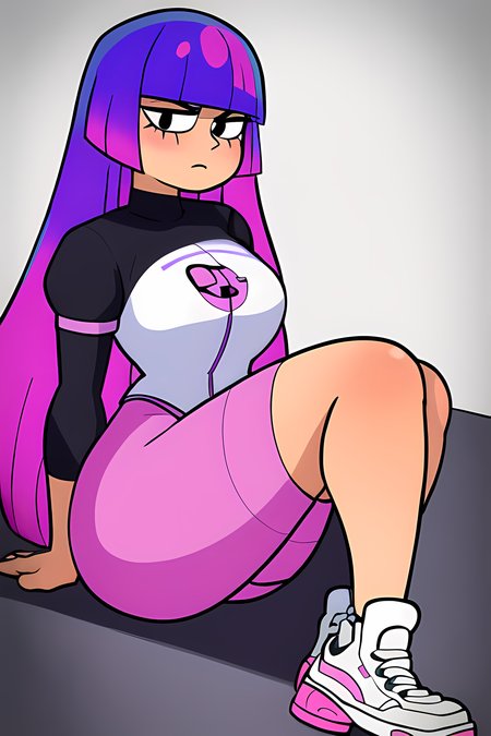 <lora:mikoKubotaGlitchTechs_v1:0.7>  <lora:cartoon_fanart_style:0.5> cartoon fanart style, CHARACTER, FEMALE, CARTOON CHARACTER, LORA, PURPLE HAIR, WOMAN, CARTOON, 1girl, best quality, multi colored hair, straight blue violet hair with magenta sheen, trimmed in a hime cut, blunt bangs, light skin blush on its cheeks, large, round hips, white suit, a black chest plate with a white H embedded onto it, black sleeves and knee padding, robot arm, clear classes, white & pink sneakers