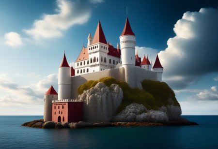 a (white stonework castle with red roofs) on a (rock spire) in a bay, (stone pier, Mole, Jetty), battlement, crenellations, Machicolations, rough sea, blue sky, clouds, sun beams, best quality, high Contrast,  masterpiece, realistic, photo-realistic, amazing, finely detail, ultra-detailed, highres, extremely detailed, 8k wallpaper, wizz style
