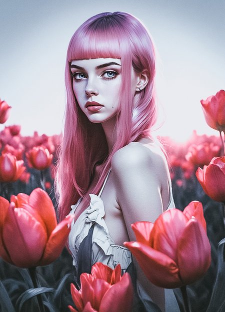 A hyper-realistic portrait of a young woman with a pale complexion and delicate facial features, standing in a vast field of black tulips. She has long, straight, pink hair cascading down her shoulders and back, unkempt. Her eyes are large, almond-shaped, and have a striking light blue color with a slightly intense gaze.   She has full lips with black lipstick. The perspective is close-up, focusing on her face and upper body, with blurred black tulips in the foreground and background, adding depth.   The sky above is deep blue, without any clouds, enhancing the serene yet slightly moody atmosphere of the image. It's a sunset, and the woman edges are highlighted with rimlight of the sun setting behind her.
