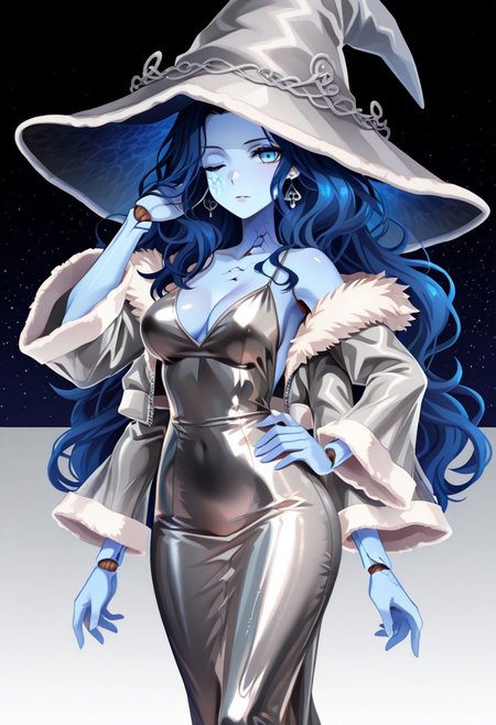 solo,1girl, abstract starry sky background, 
silver dress, shiny clothes, backless dress, bare shoulders, 
fur-trimmed jacket, fur-trimmed sleeves, cropped jacket, puffy sleeves, wide sleeves, see-through sleeves:1.6, silver jacket, 
Jedpsil, polished steel,
C0utur3Cr4z3,
standing, contrapposto, hand on own hip, hand in own hair, looking at viewer, from side, 
BREAK,
RnnDef, one eye closed, wavy hair, (4 arms:1.2), extra faces, ghost face, cracked skin, doll joints,
blue hair, blue skin, blue eyes, long hair, extra arms, doll joints, witch hat, fur-trimmed hat,
big hair, very long hair, 
medium breasts, cleavage, wide hips, narrow waist, deltoids, earrings, armlet, silver jewelry,