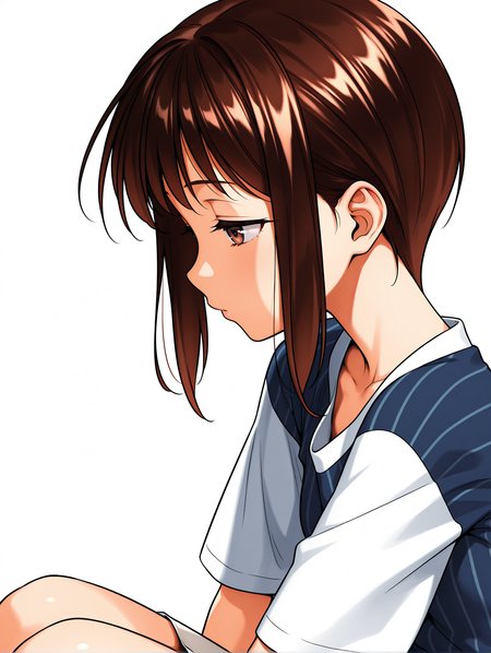 masterpiece,best quality,newest,
1girl,solo,
<lora:k_miu_ilxl_v1.1:1>,miu,short hair,brown hair,brown eyes,m_clothes,striped shirt,white mini skirt,
<lora:Fixhands_anime_bdsqlsz_V1:1>,simple_background,white background,upper_body,looking_at_viewer,profile,sitting,looking ahead,half-closed eyes,