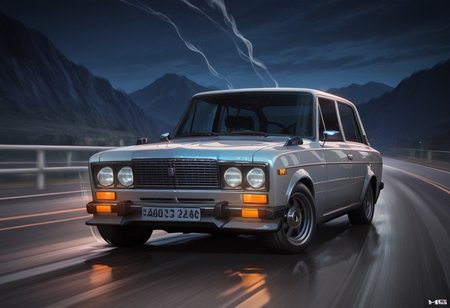 masterpiece, best quality, Graphic Design, color art, vibrant colors, colorful, intricate details, high contrast, detailed background, beautiful detailed, beautiful face, detailed eyes, detailed face, new, newest, no humans, vehicle focus, zh1g4, car, road, mountain, white car,  neon, drifting, smoking tires, anime, motion lines, speed effect, turned wheels, driving, dark, night, headlights,