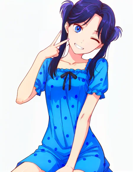 (masterpiece, best quality, newest, very aesthetic, highres, absurdres:1.2), simple background, white background, <lora:kawakamiRokkakuXLil1lokrV6311P:0.5>, <lora:Pongdlr:0.5> pongdstyle BREAK
1girl, solo, <lora:Amaye_Moriya:1> Ayame, blue eyes, twintails, blue hair, bangs, long hair, Polka dot tea-length dress, sitting, head tilt, cowboy shot, looking at viewer, v, small breasts, hand up, one eye closed, grin, BREAK
 <lora:noobai_vpred_1_masterpieces_v23:0.85>