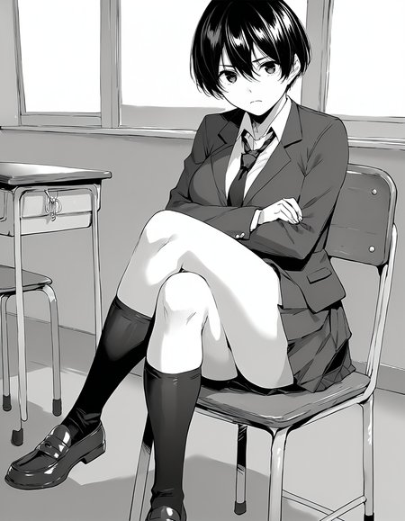 score_9, score_8_up, score_7_up, score_6_up, score_5_up, score_4_up, <lora:AoiY_T1V0:0.85>, <lora:sdxl_lightning_8step_lora:1>,
greyscale, monochrome, 1girl, solo, 
AoiY_T1V0, short hair, hair between eyes, large breasts, 
school uniform, blazer, collared shirt, loose necktie, pleated skirt, 
black socks, loafers, 
sitting, on chair, crossed legs, crossed arms, 
looking at viewer, light frown, closed mouth, 
indoors, classroom, school chair,