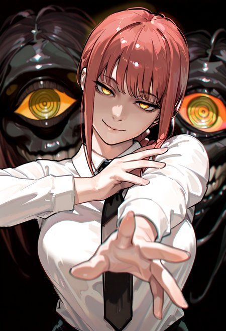 very awa, masterpiece, highres, absurdres, depth of field, blurry background, (horror \(theme\),:1.2), (surreal:1.2), makima \(chainsaw man\), smug, (head tilt:1.2), ringed eyes, yellow eyes, closed mouth, outstretched arm, open hand, makima pose, pitch black room, glowing eyes (dappermouth:1.1), <lora:CXBTS:1.0>, <lora:handPatchUnet:0.8>