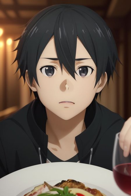 high resolution, solo, best quality, 1Boy, Kazuto Kirigaya, portraits, Black Hair, Black Eyes, dating, romantic, dinner, OverallDetail