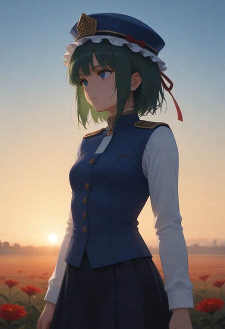 1girl, solo, solo focus, highres, absurdres, shikieiki, green hair, frilled hat, blue eyes, blue headwear, short hair,
long sleeves, black skirt, white shirt, blue vest, red ribbon, epaulettes, small breasts, 
looking afar,
dusk, flower field, red spider lily, gradient sky, backlighting,