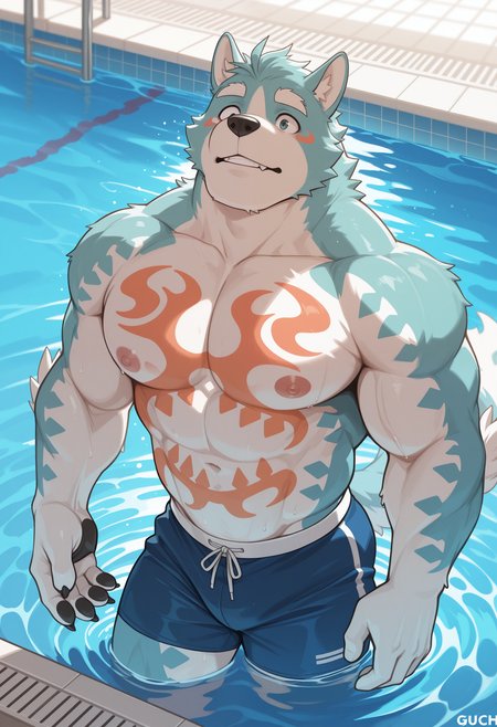 masterpiece,best quality, amazing quality, 1boy, solo, 0guch1, furry male, topless, chest tattoo, pool, blue swim trunks, in water, swimming,
 

