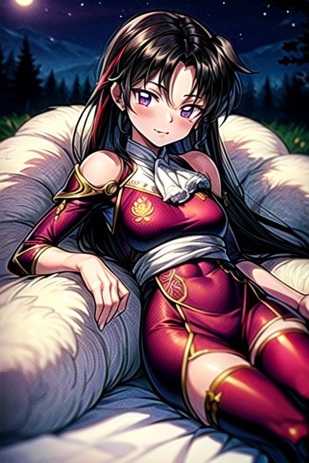 best quality 1girl Setsun4 solo long hair,  (night time) forest background black hair very long hair purple eyes multicolored hair armor, small, (fur trim) (medium body),<lora:EMS-179-EMS:0.800000>,<lora:EMS-293862-EMS:0.800000> bow, hair_bow, hair_tubes, red_bow, brown_hair, long_hair, bangs, ascot, frilled_bow, yellow_ascot, blush, smile, hair_between_eyes, athletic, armor, miko, ,(((intricate outfit,intricate clothes,embroidered outfit,ornate outfit,embroidered clothes,ornate clothes))), laying down, lying down