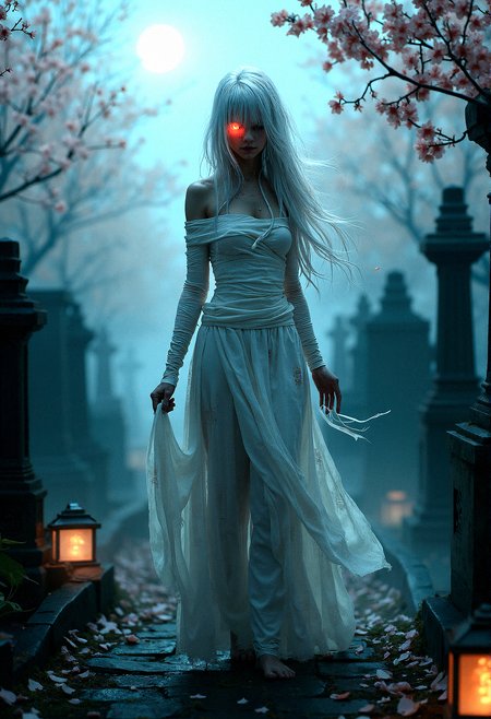 Photorealistic photography of an Ethereal bandaged figure with glowing eye A delicate female figure with silver hair, wrapped in bloody white bandages, with a glowing red eye, standing in a stark, minimalistic environment.The character delicately holds a strand of her hair, twirling it slightly.A peaceful cemetery with old, weathered gravestones, surrounded by mist and softly glowing lanterns.A tranquil grove filled with blooming cherry blossom trees, with petals gently falling to the ground.A dark, starry night with a full moon casting a gentle, silver glow over the scene.












