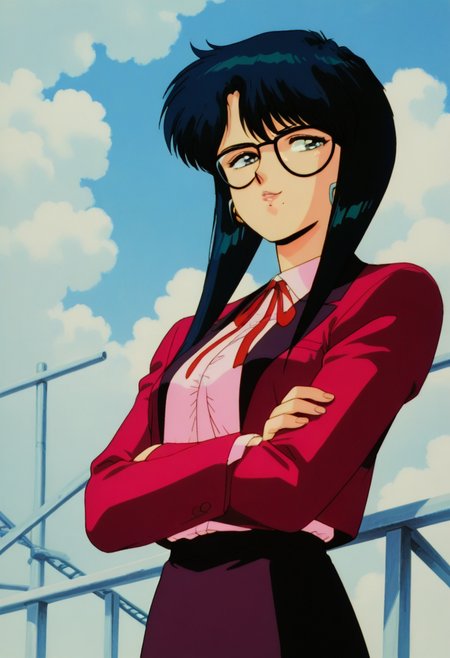 masterpiece, best quality, source_anime,official art,perfect_anatomy,1990s_\(style\),retro_artstyle,1girl,solo,Memory Gene,glasses,black hair,mole,ribbon,ribbon,pink shirt,red jacket,long sleeves,crossed arms,skirt,looking_at_viewer,smile,lips,upper body,day,blue_sky,cloud