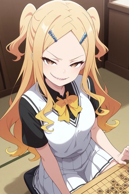 masterpiece, best quality, amazing quality, 1girl, solo, BREAK
ikarno,blonde hair,long hair, two side up, hair ornament, brown eyes,shark teeth,school uniform, black shirt,yellow bowtie, white pleated skirt,
BREAK indoors,looking at viewer, board game,shogi,smirk