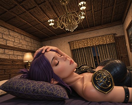 masterpiece, best quality, amazing quality, very aesthetic, absurdres, newest, (3d, realistic, scenery:1.4), n0m0, sfw, 1girl, solo, sabia, human, purple hair, red eyes, folded ponytail, armor, single shoulder armor, cape, single bare shoulder, clothed, large breasts, (sleeping on back, arm resting on forehead:1.3), close up, dutch angle, night, motel bedroom, chandelier overhead, soft yellow light, closed shutters, wood door, heavy curtains, <lora:dmd2_sdxl_4step_lora:1>, <lora:POSTAL_2_Style_Lora_Illustrious01_DIM16_E04:1>, <lora:KOD_dtv5r__for_Illustrious_v0.1__Adafactor:0.35>