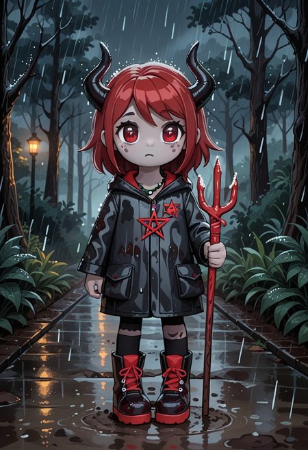 score_9, score_8_up, score_7_up, BREAK
highres, highly detailed, high resolution, high quality, 
source_anime, anime screencap, saturation, vivid colors, 
1girl, solo, luce, full body, standing, demon girl,
(dark red hair:1.2), (big dark red eyes:1.1), medium hair, cute, (grey skin:1.1), (horns:1.2), 
(long black raincoat:1.1), dirty black rubber boots, 
pentagram necklace, holding red trident, 
cute, bokeh,
blurry background, forest background, path, rain, 
stkyswt