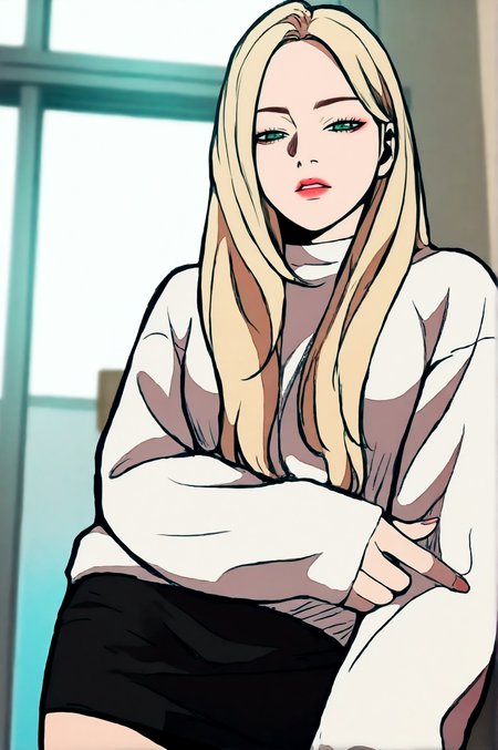 masterpiece, best quality, anime screencap, Shelly Scott, animification, black skirt, general, k-pop, looking at viewer, miniskirt, skirt, sleeves past wrists, solo, sweater, white sweater  <lora:JN_Shelly_Scott:0.8>