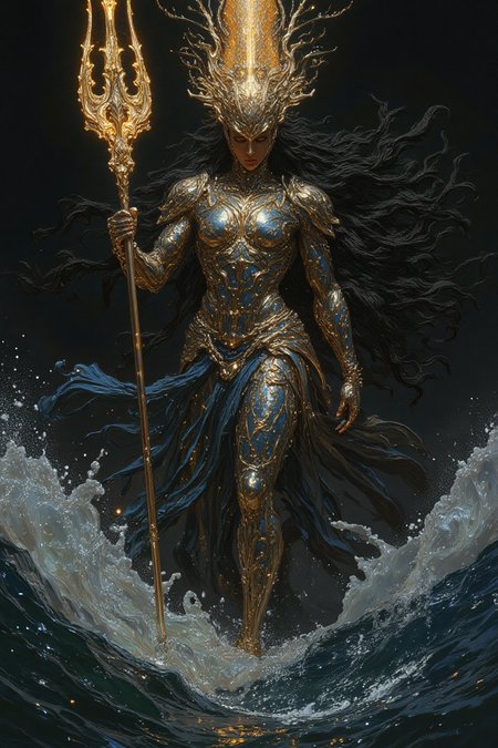 This is a hyper-realistic digital oil painting in HD, 8K quality, ultra-detailed, masterpiece artwork. A fierce, godlike woman radiates an intense oceanic aura, standing in a dynamic Yemaya-inspired pose, exuding divine strength and maternal energy. She holds a radiant golden trident, its sharp tips crackling with water energy, while the other hand gently cradles a luminous conch shell. Her dark, flowing hair mimics the movement of ocean waves, cascading around her shoulders. She wears a flowing blue gown that ripples like the sea itself, embroidered with silver fish scales. The background is a vast ocean, with crashing waves and a glowing horizon, emphasizing the goddess's dominion over the seas. Her presence exudes both the nurturing and fierce nature of the ocean.