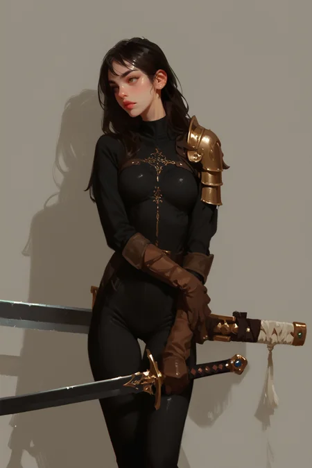 1girl, weapon, solo, sword, breasts, bodysuit, holding, holding weapon, armor, holding sword, black hair, gloves, medium breasts, shoulder armor, long hair, lips, pauldrons, , brown hair, standing, brown eyes, looking to the side, brown gloves, single pauldron, brown background, zPDXL3, detailxl,  Score_PnyReal, (lineless:1.5)
