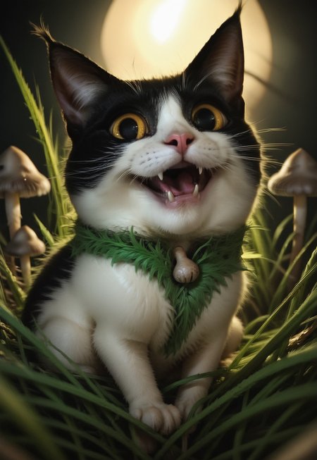 score_9, score_8_up, score_7_up, score_6_up, score_5_up, score_4_up, BREAK ((smile)), a crazy looking cat with very happy face in dark-grasshrooms, dark, backlit, low key, sidelight, depth of field, blurry foreground, dark-grasshrooms