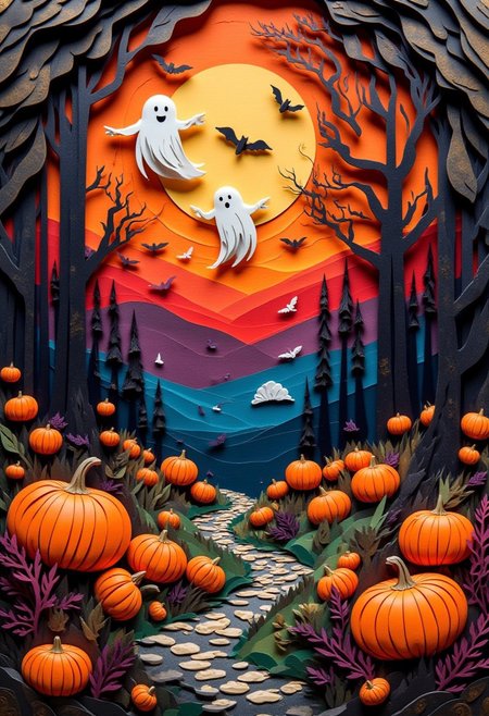 This paper quilling, layered paper piece features a cute ghost and a bat floating and dancing over large jack-o-lanterns in a moonlit forest, and musical notes swirling in the air, and an elegant, serene atmosphere highlighted by the soft glow of the moon. The color scheme is orange, red, black, purple, navy blue, dark green, and brown, with metallic gold highlights.