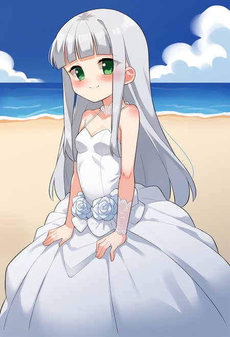 1girl, solo, pedocchi, 
long hair, silver hair, green eyes, small breasts, wedding dress, smile, blush, blunt bangs, 
beach, blue sky, 
score_9, score_7_up,
<lora:pedocchi-pony:1>