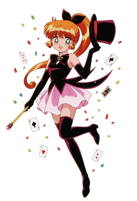 retro artstyle,1990s \(style\),1girl,solo,<lora:Saint_Tail:1>,long hair,orange hair,elbow gloves,blue eyes,magical girl,black gloves,sleeveless,bowtie,hair ribbon,hair bow,pink skirt,brooch,high ponytail,black bow,thigh boots,black footwear,
holding wand,top hat,red bow,holding hat,:d,confetti,playing card,
masterpiece,best quality,amazing quality,